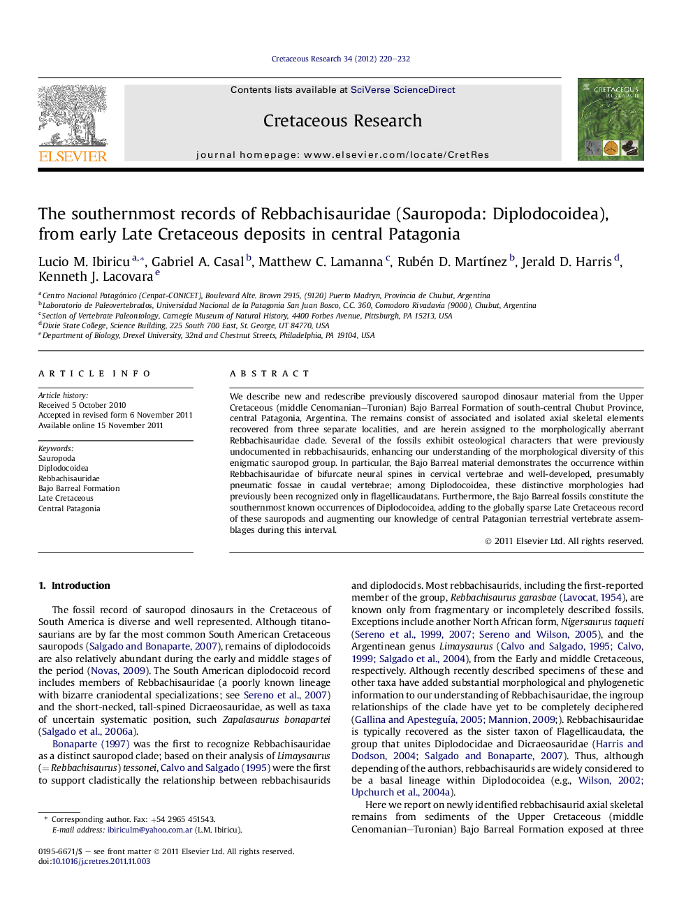 The southernmost records of Rebbachisauridae (Sauropoda: Diplodocoidea), from early Late Cretaceous deposits in central Patagonia