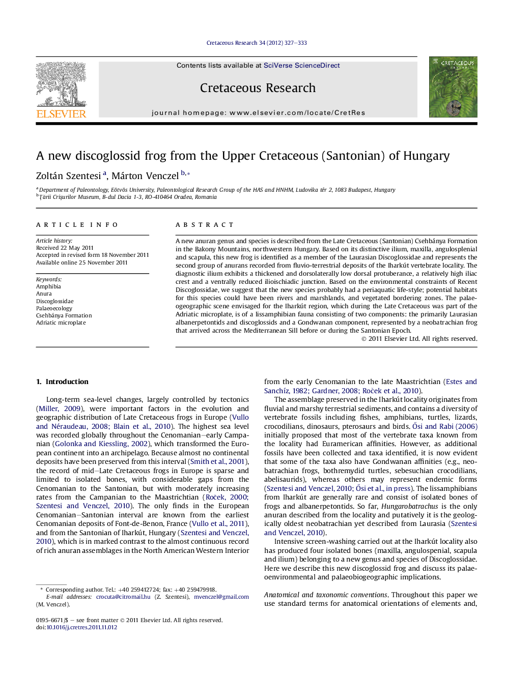 A new discoglossid frog from the Upper Cretaceous (Santonian) of Hungary