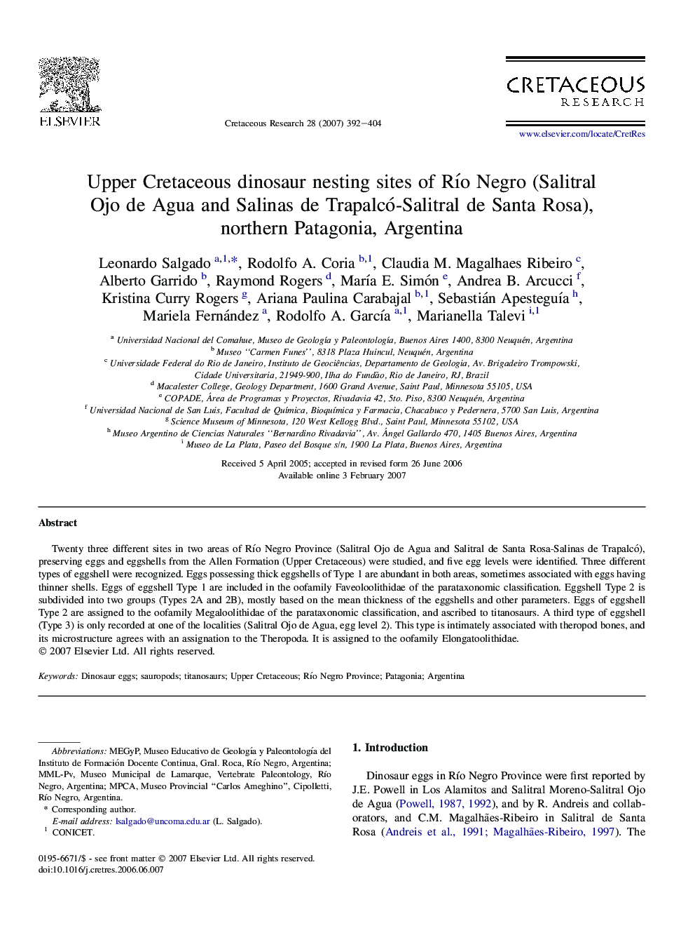 Upper Cretaceous dinosaur nesting sites of Río Negro (Salitral Ojo de Agua and Salinas de Trapalcó-Salitral de Santa Rosa), northern Patagonia, Argentina