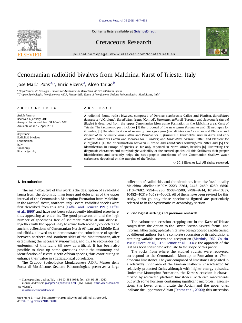 Cenomanian radiolitid bivalves from Malchina, Karst of Trieste, Italy