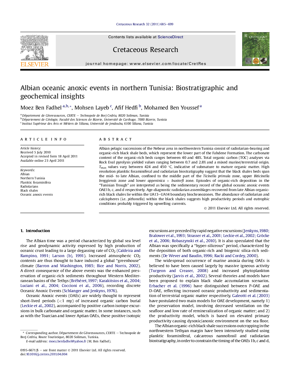 Albian oceanic anoxic events in northern Tunisia: Biostratigraphic and geochemical insights