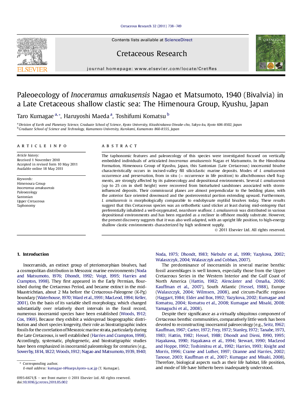 Paleoecology of Inoceramus amakusensis Nagao et Matsumoto, 1940 (Bivalvia) in a Late Cretaceous shallow clastic sea: The Himenoura Group, Kyushu, Japan