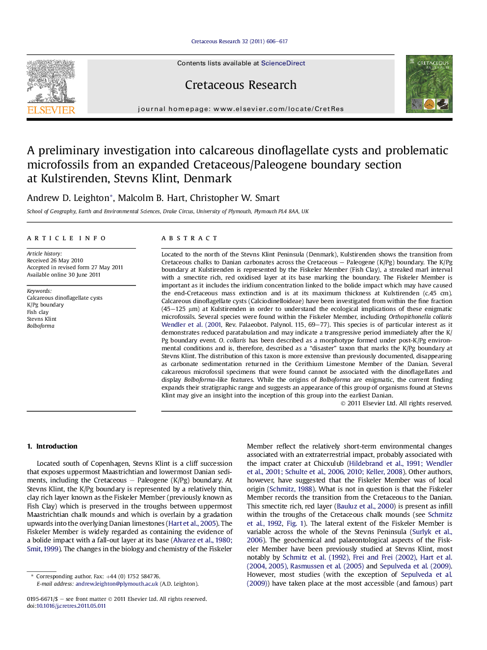 A preliminary investigation into calcareous dinoflagellate cysts and problematic microfossils from an expanded Cretaceous/Paleogene boundary section at Kulstirenden, Stevns Klint, Denmark