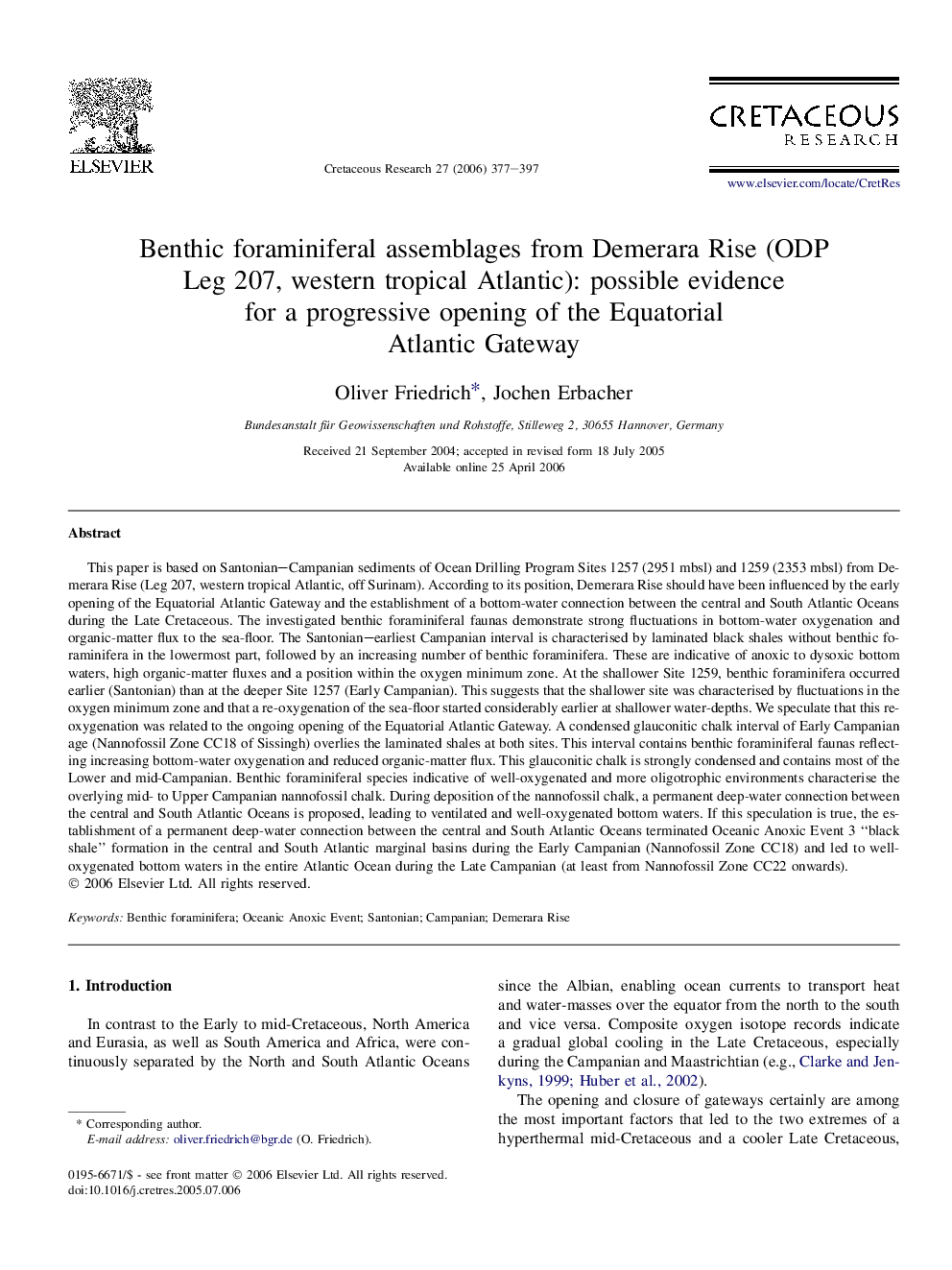 Benthic foraminiferal assemblages from Demerara Rise (ODP Leg 207, western tropical Atlantic): possible evidence for a progressive opening of the Equatorial Atlantic Gateway