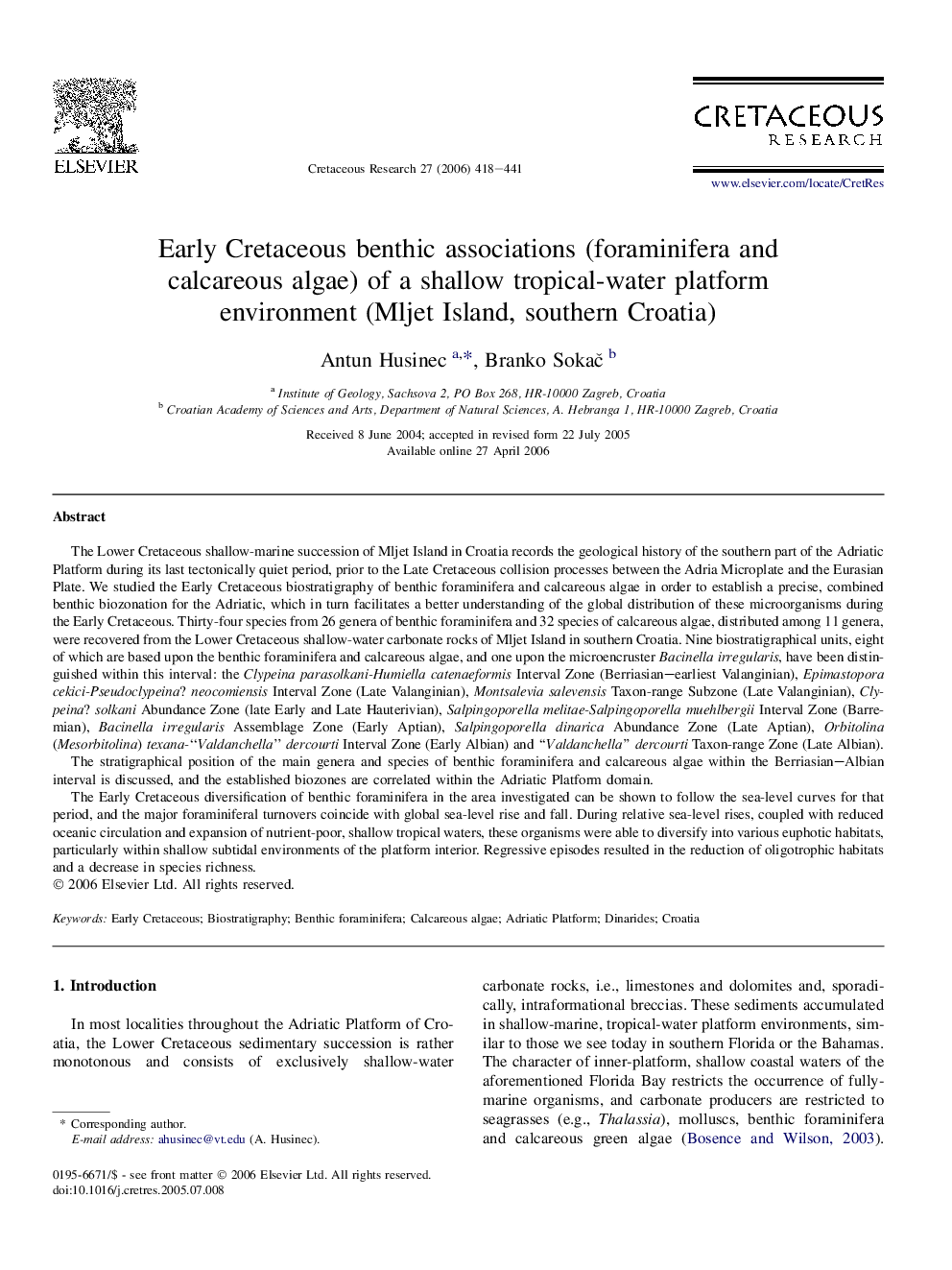 Early Cretaceous benthic associations (foraminifera and calcareous algae) of a shallow tropical-water platform environment (Mljet Island, southern Croatia)