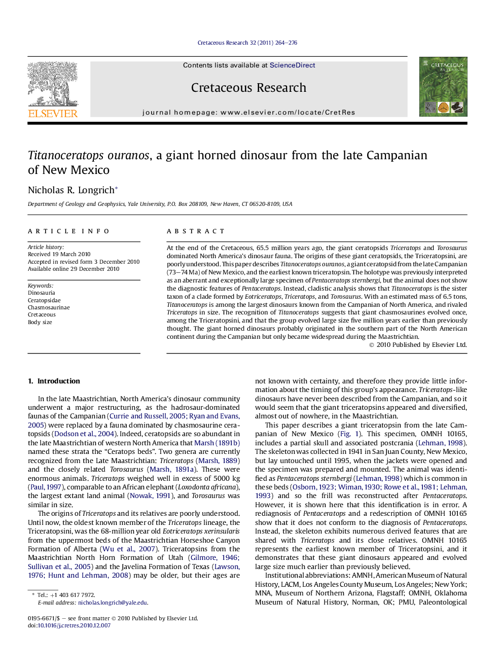 Titanoceratops ouranos, a giant horned dinosaur from the late Campanian of New Mexico