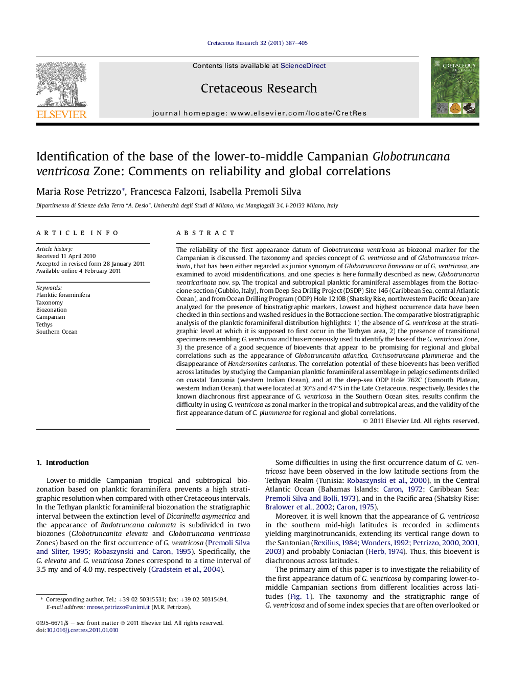 Identification of the base of the lower-to-middle Campanian Globotruncana ventricosa Zone: Comments on reliability and global correlations