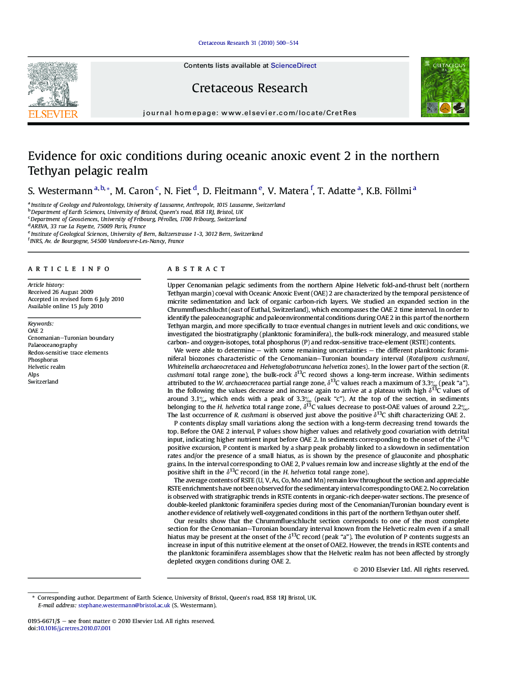 Evidence for oxic conditions during oceanic anoxic event 2 in the northern Tethyan pelagic realm