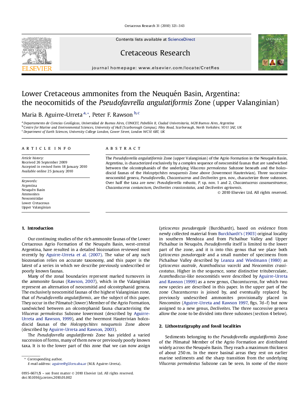 Lower Cretaceous ammonites from the Neuquén Basin, Argentina: the neocomitids of the Pseudofavrella angulatiformis Zone (upper Valanginian)