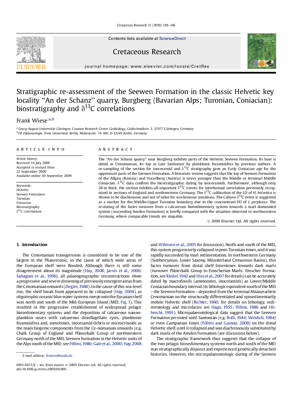 Stratigraphic re-assessment of the Seewen Formation in the classic Helvetic key locality “An der Schanz” quarry, Burgberg (Bavarian Alps; Turonian, Coniacian): biostratigraphy and Î´13C correlations