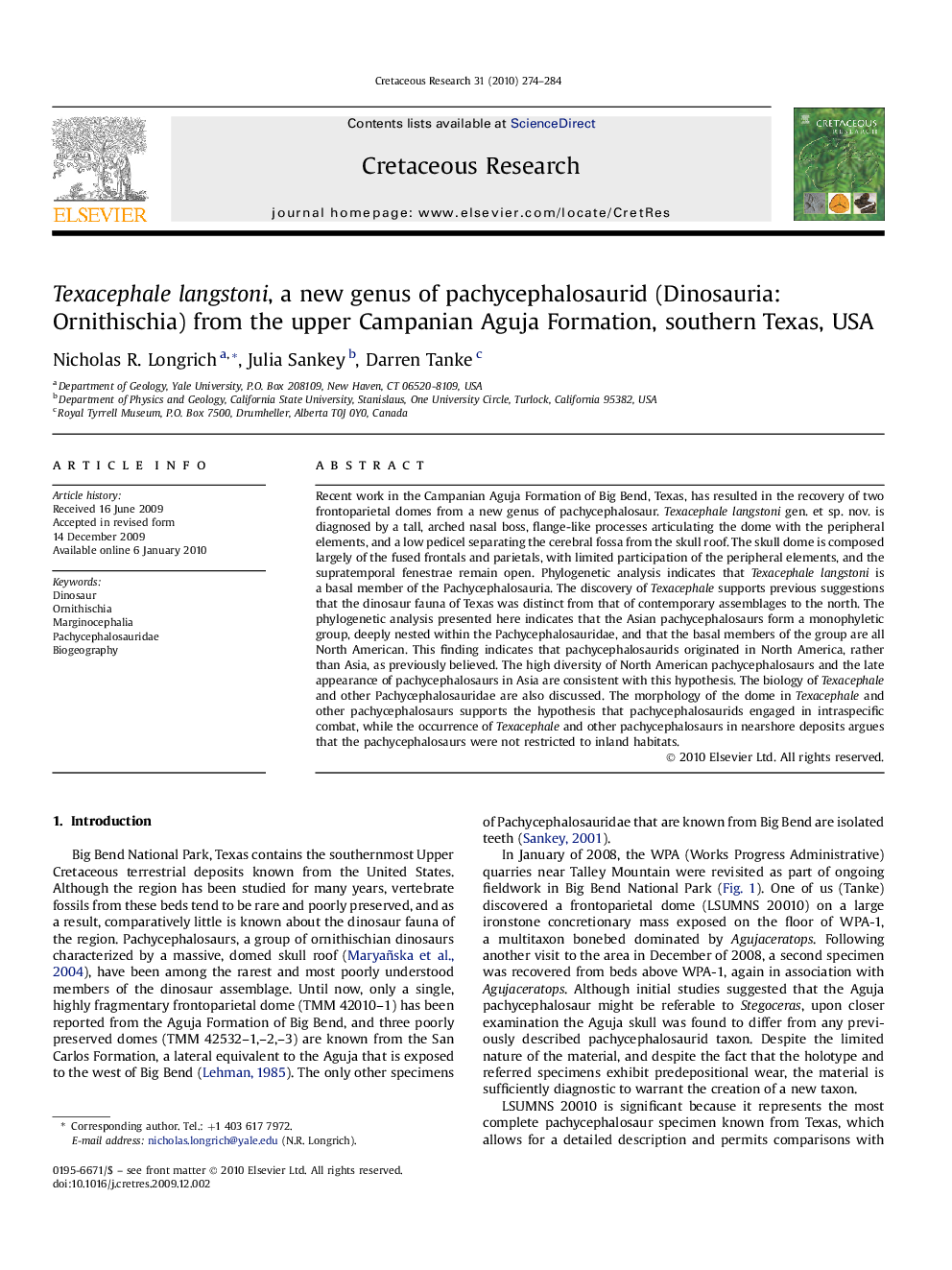 Texacephale langstoni, a new genus of pachycephalosaurid (Dinosauria: Ornithischia) from the upper Campanian Aguja Formation, southern Texas, USA