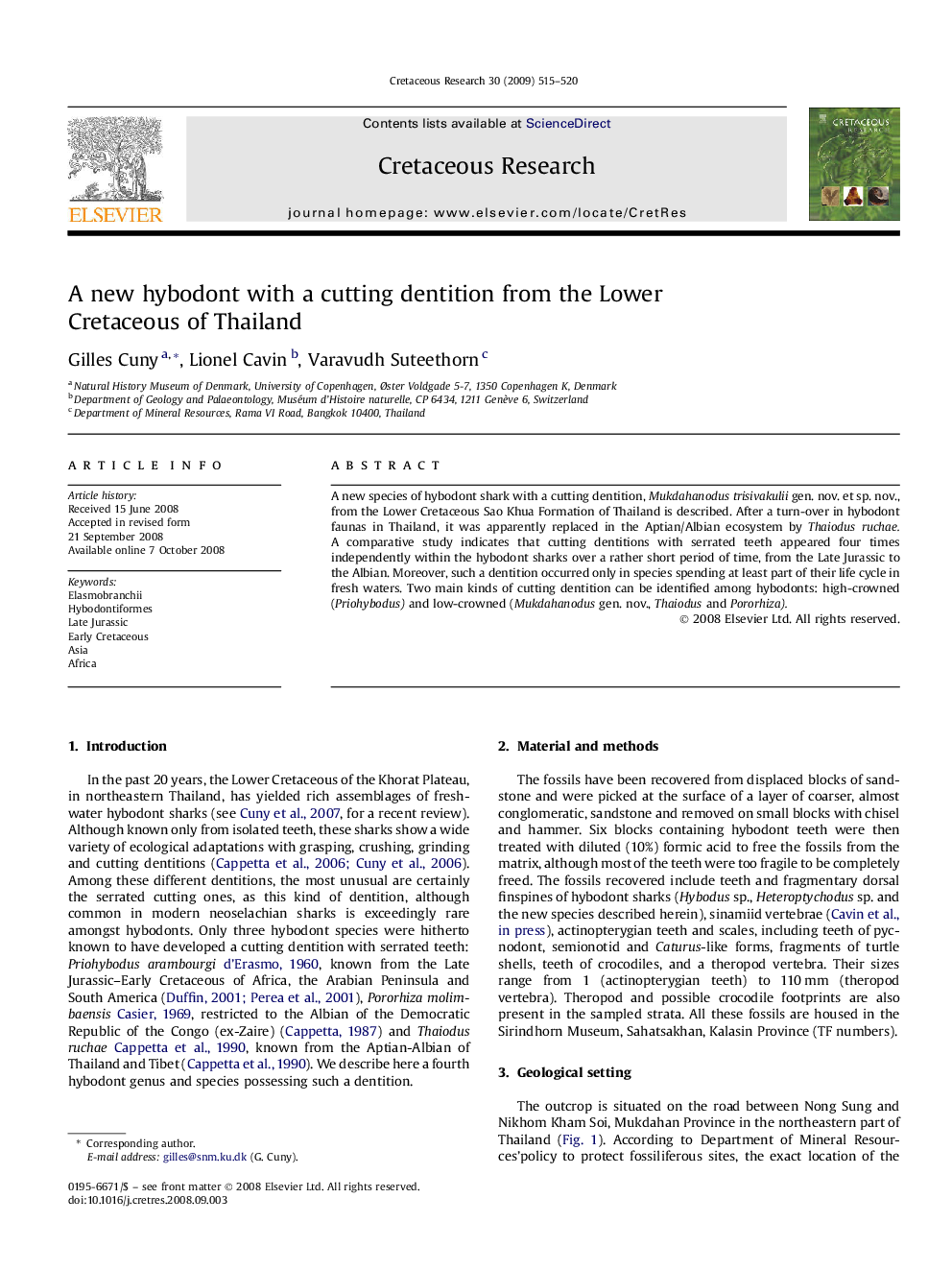 A new hybodont with a cutting dentition from the Lower Cretaceous of Thailand