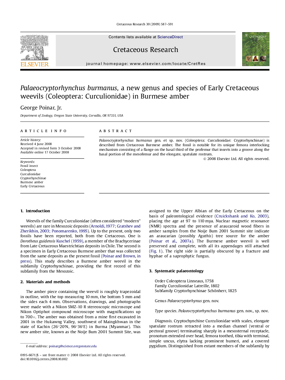 Palaeocryptorhynchus burmanus, a new genus and species of Early Cretaceous weevils (Coleoptera: Curculionidae) in Burmese amber