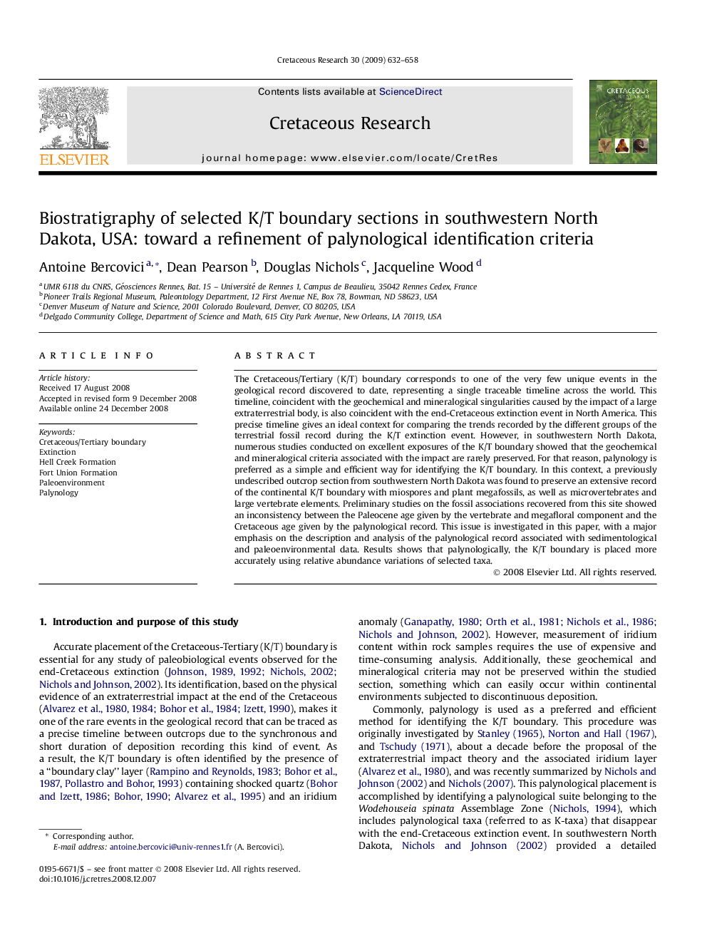 Biostratigraphy of selected K/T boundary sections in southwestern North Dakota, USA: toward a refinement of palynological identification criteria