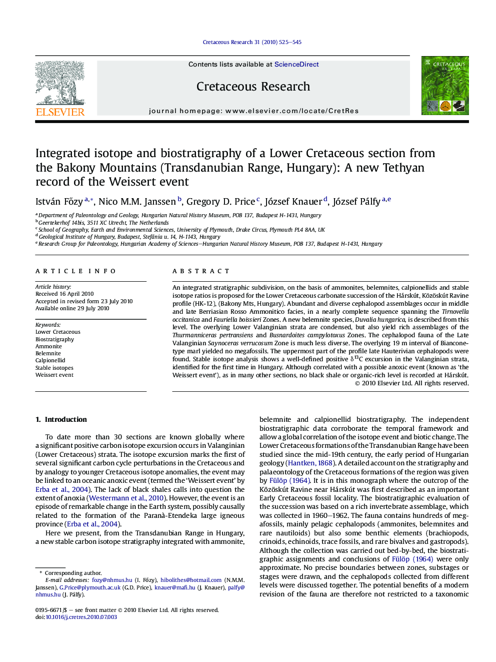 Integrated isotope and biostratigraphy of a Lower Cretaceous section from the Bakony Mountains (Transdanubian Range, Hungary): A new Tethyan record of the Weissert event