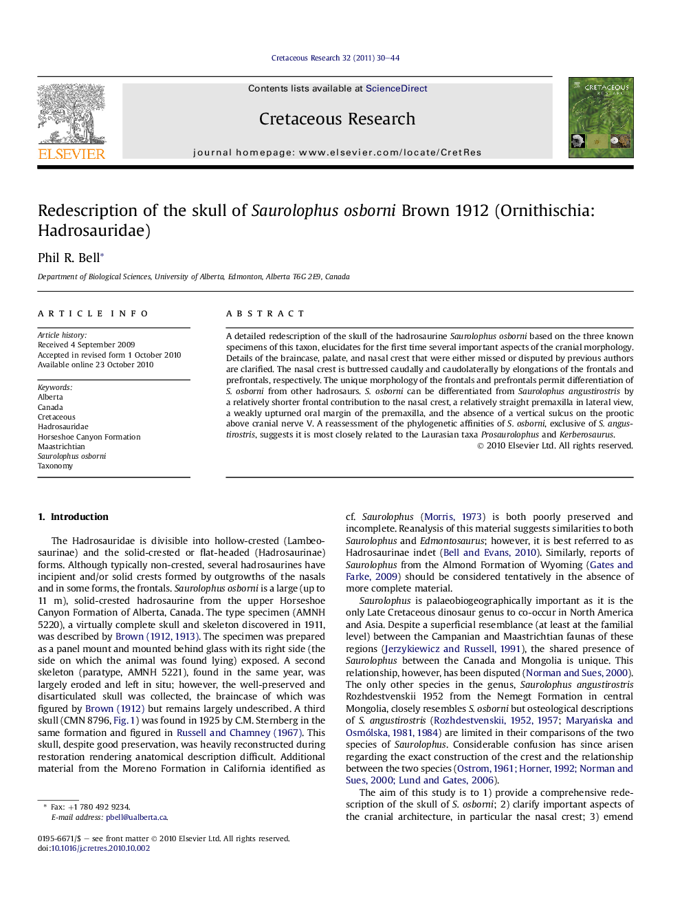 Redescription of the skull of Saurolophus osborni Brown 1912 (Ornithischia: Hadrosauridae)