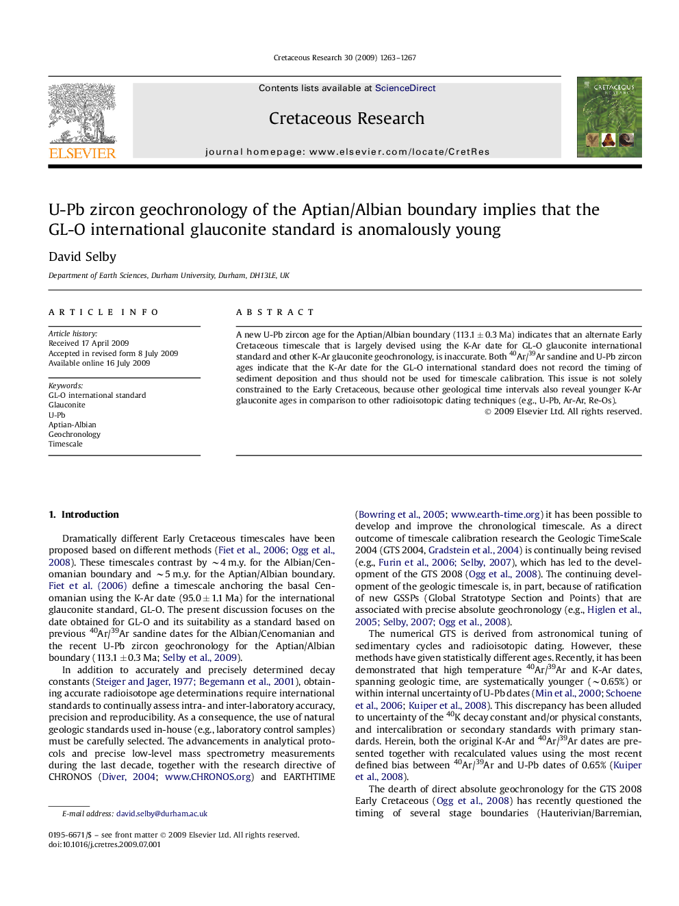 U-Pb zircon geochronology of the Aptian/Albian boundary implies that the GL-O international glauconite standard is anomalously young