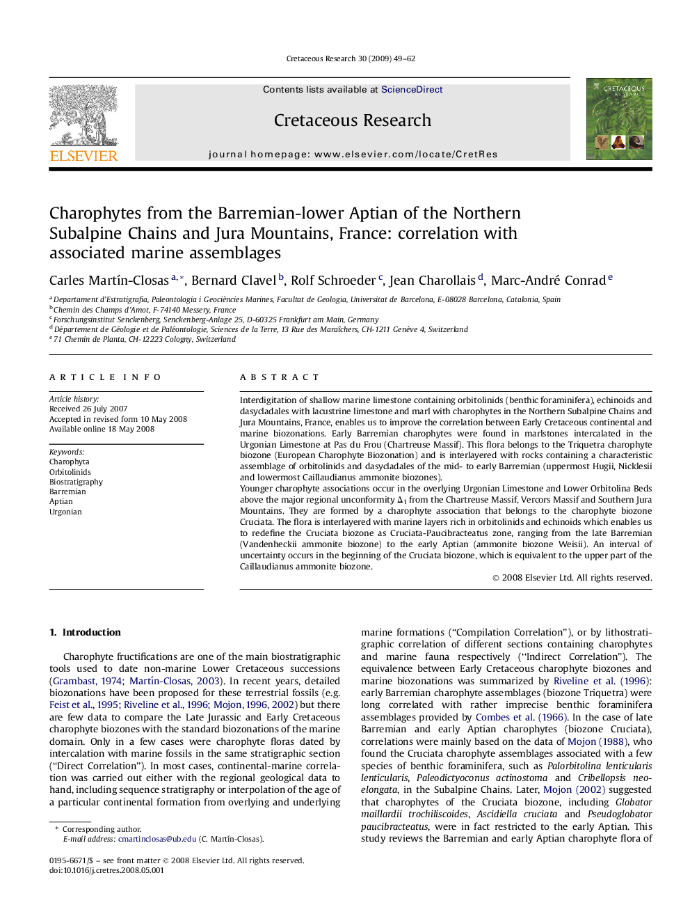 Charophytes from the Barremian-lower Aptian of the Northern Subalpine Chains and Jura Mountains, France: correlation with associated marine assemblages