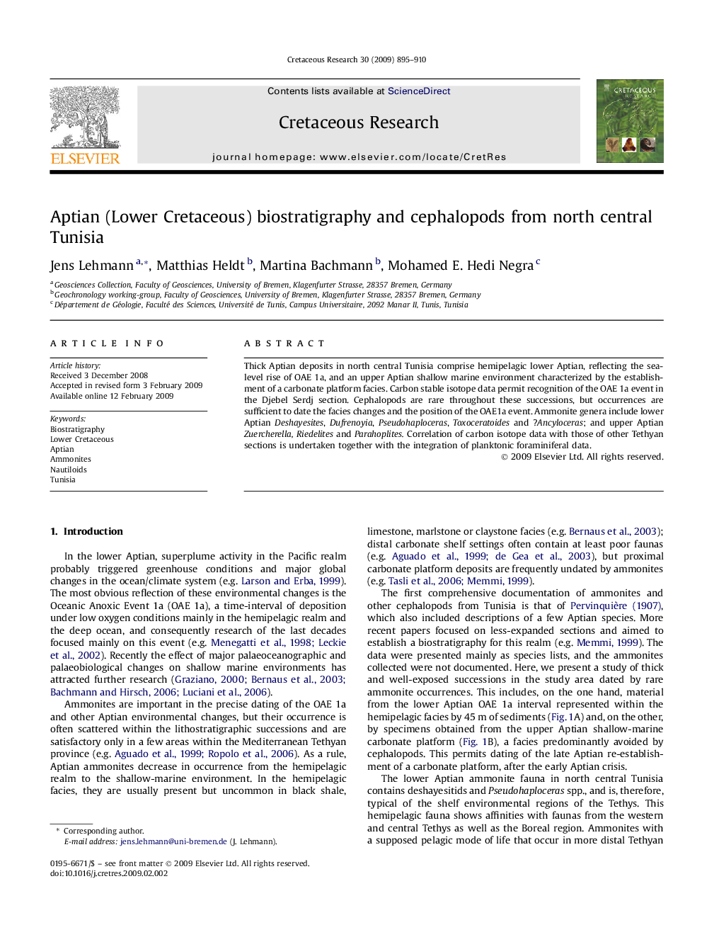 Aptian (Lower Cretaceous) biostratigraphy and cephalopods from north central Tunisia