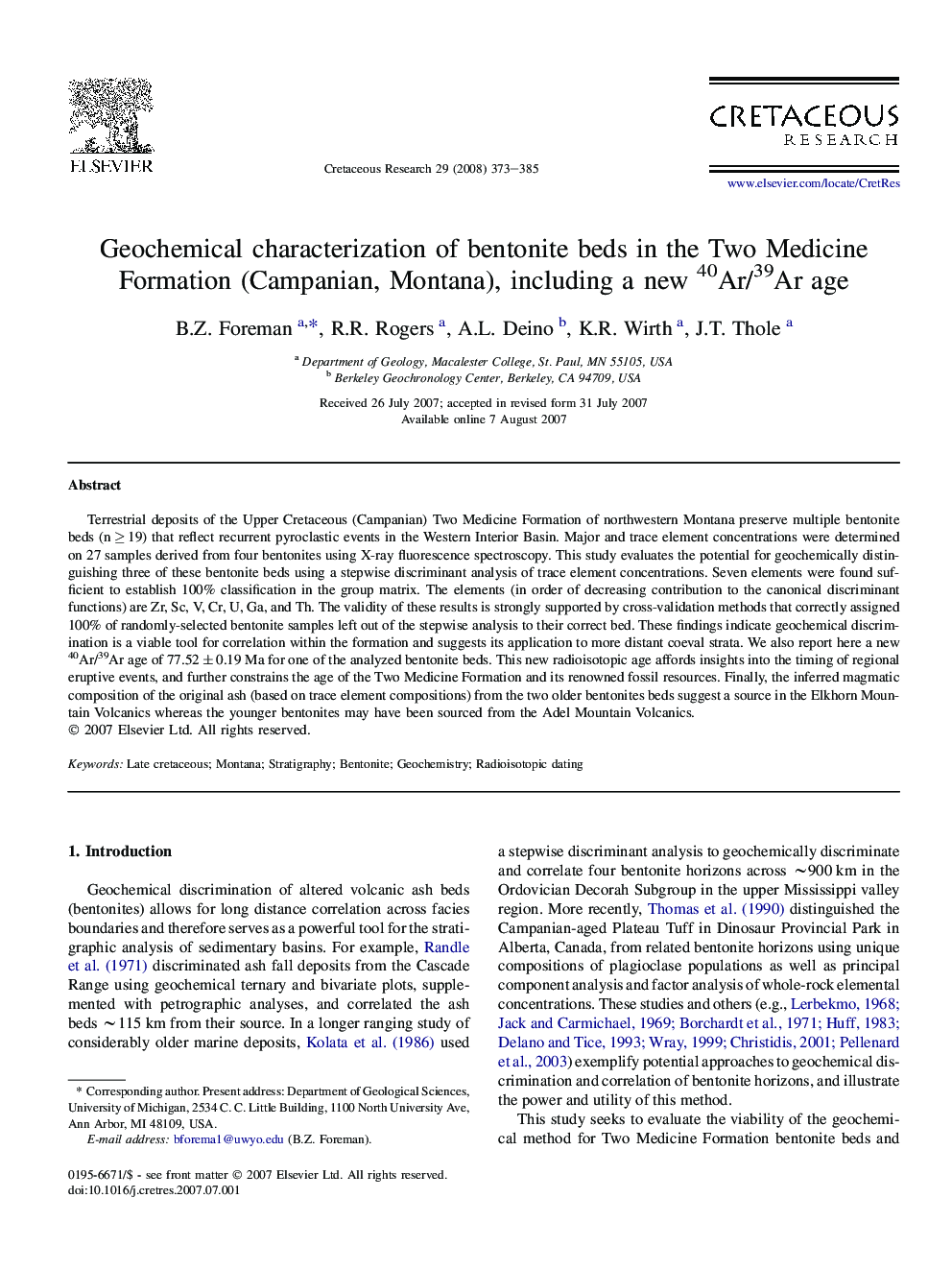 عکس صفحه اول مقاله: Geochemical characterization of bentonite beds in the Two Medicine Formation (Campanian, Montana), including a new 40Ar/39Ar age Geochemical characterization of bentonite beds in the Two Medicine Formation (Campanian, Montana), including a new 40Ar/39Ar age