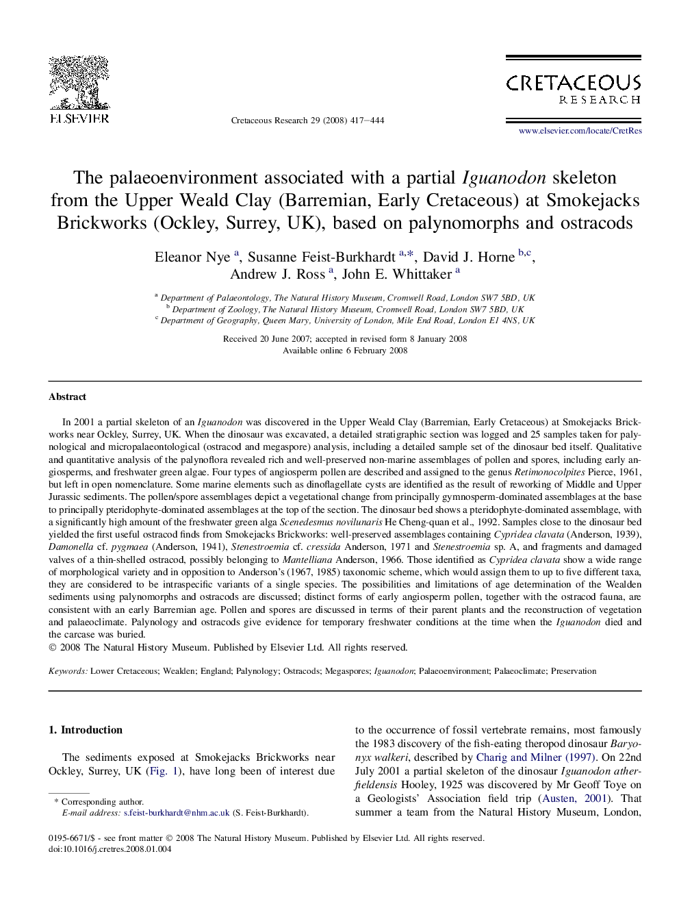 The palaeoenvironment associated with a partial Iguanodon skeleton from the Upper Weald Clay (Barremian, Early Cretaceous) at Smokejacks Brickworks (Ockley, Surrey, UK), based on palynomorphs and ostracods