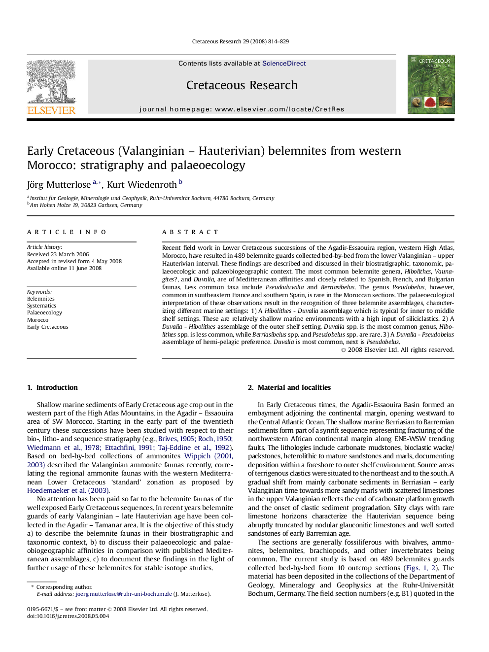 Early Cretaceous (Valanginian - Hauterivian) belemnites from western Morocco: stratigraphy and palaeoecology