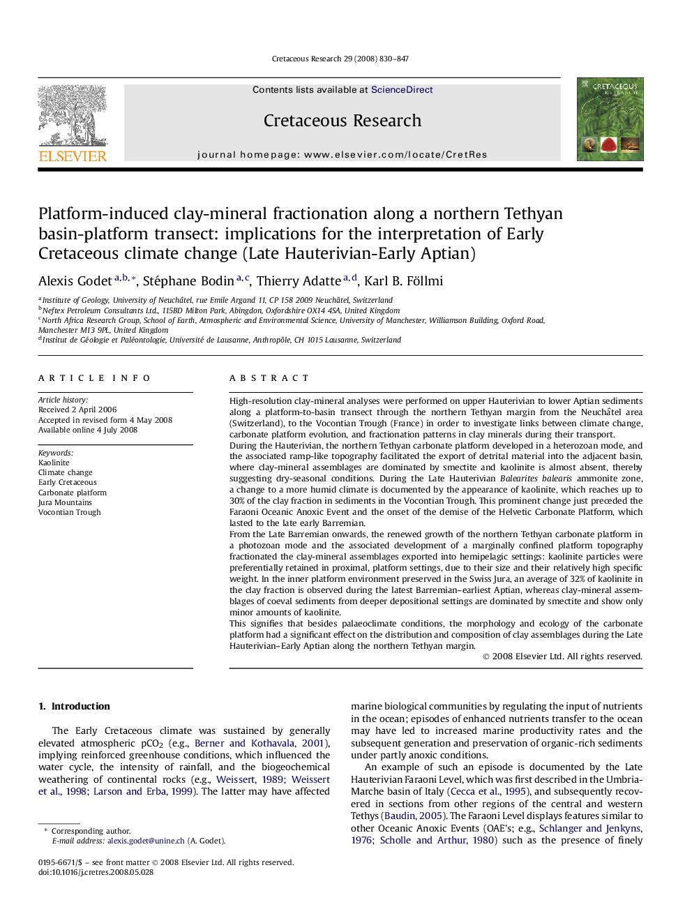 Platform-induced clay-mineral fractionation along a northern Tethyan basin-platform transect: implications for the interpretation of Early Cretaceous climate change (Late Hauterivian-Early Aptian)