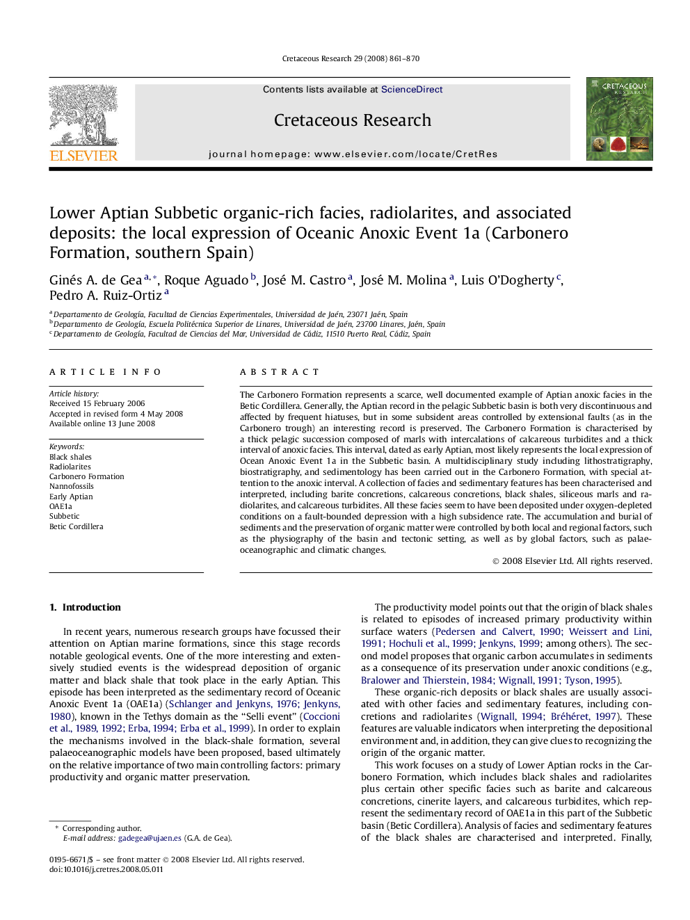 Lower Aptian Subbetic organic-rich facies, radiolarites, and associated deposits: the local expression of Oceanic Anoxic Event 1a (Carbonero Formation, southern Spain)