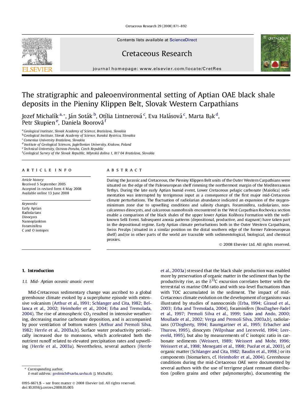 The stratigraphic and paleoenvironmental setting of Aptian OAE black shale deposits in the Pieniny Klippen Belt, Slovak Western Carpathians