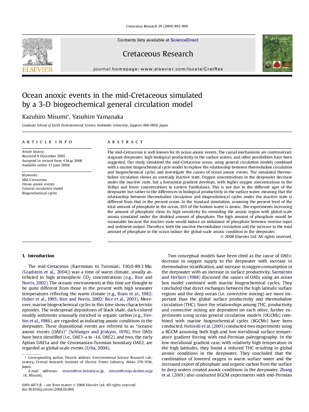 Ocean anoxic events in the mid-Cretaceous simulated by a 3-D biogeochemical general circulation model