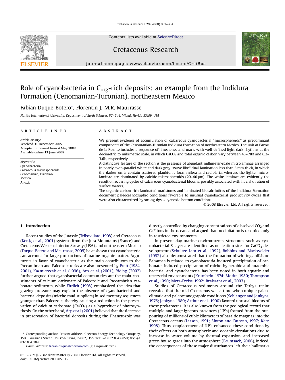 Role of cyanobacteria in Corg-rich deposits: an example from the Indidura Formation (Cenomanian-Turonian), northeastern Mexico