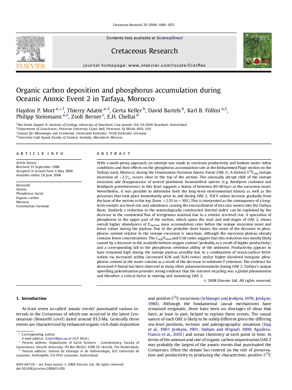 Organic carbon deposition and phosphorus accumulation during Oceanic Anoxic Event 2 in Tarfaya, Morocco