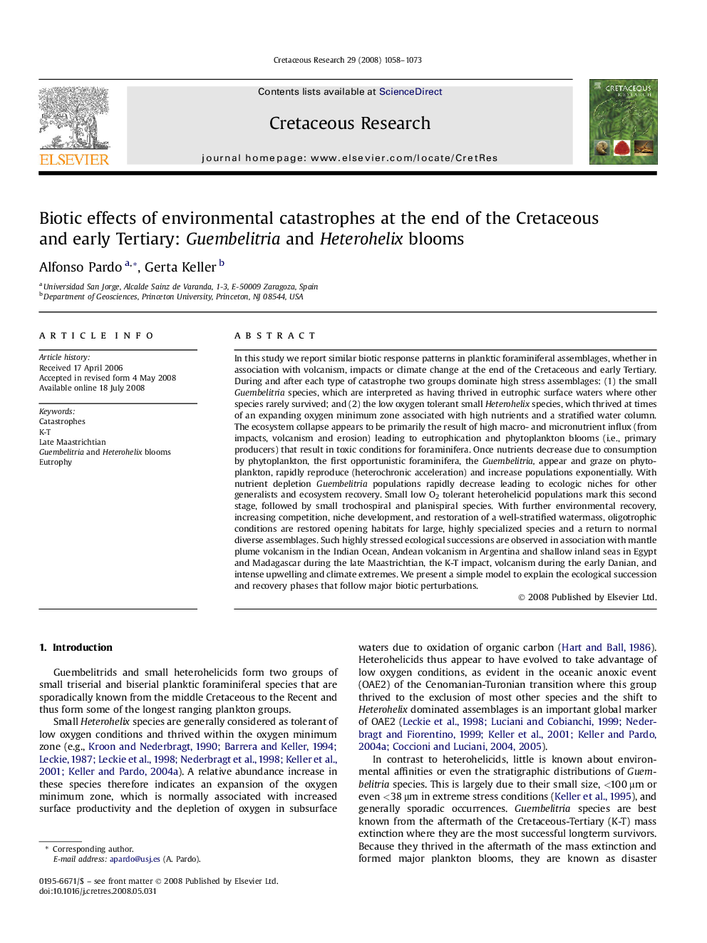 Biotic effects of environmental catastrophes at the end of the Cretaceous and early Tertiary: Guembelitria and Heterohelix blooms