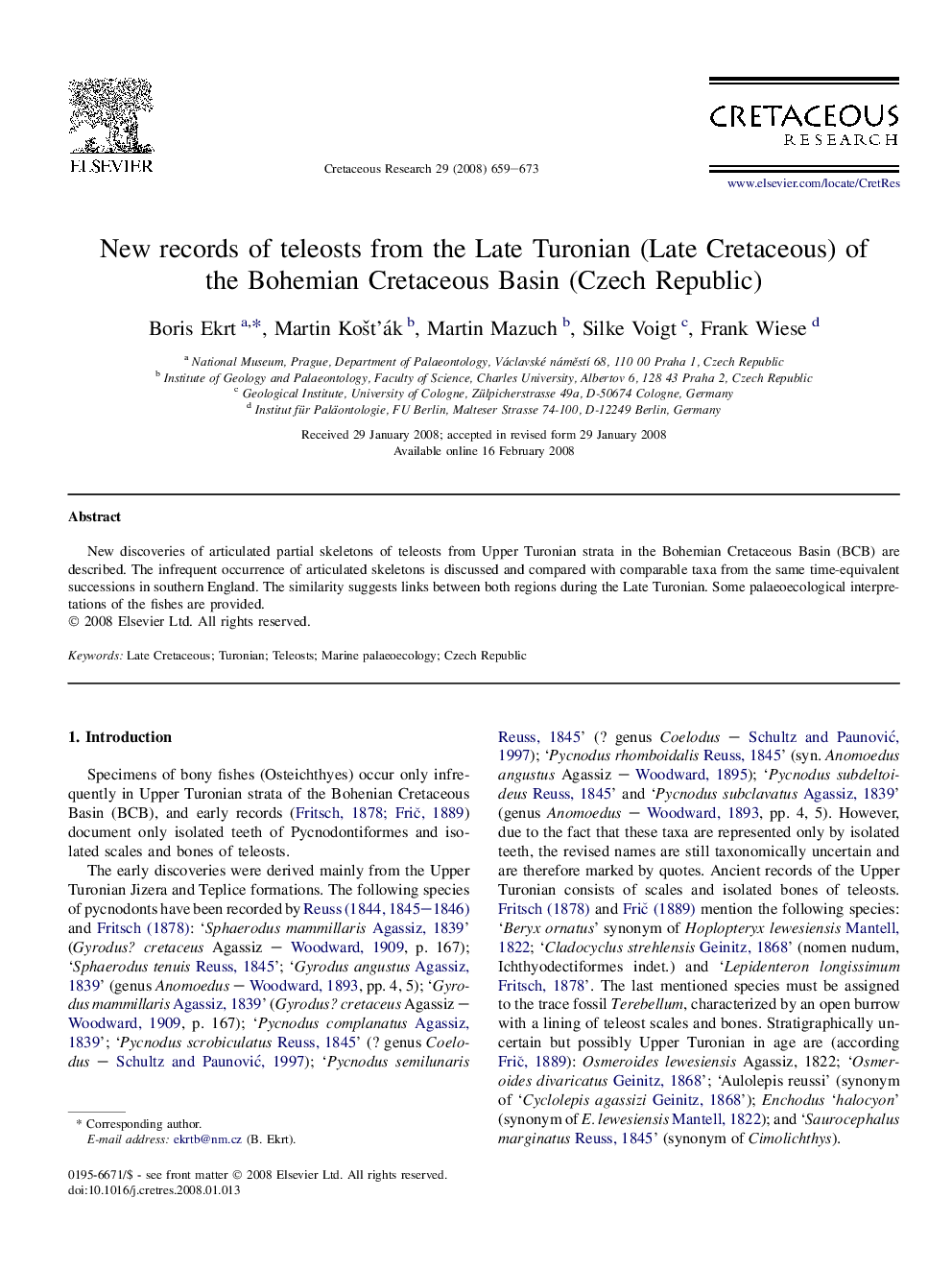 New records of teleosts from the Late Turonian (Late Cretaceous) of the Bohemian Cretaceous Basin (Czech Republic)