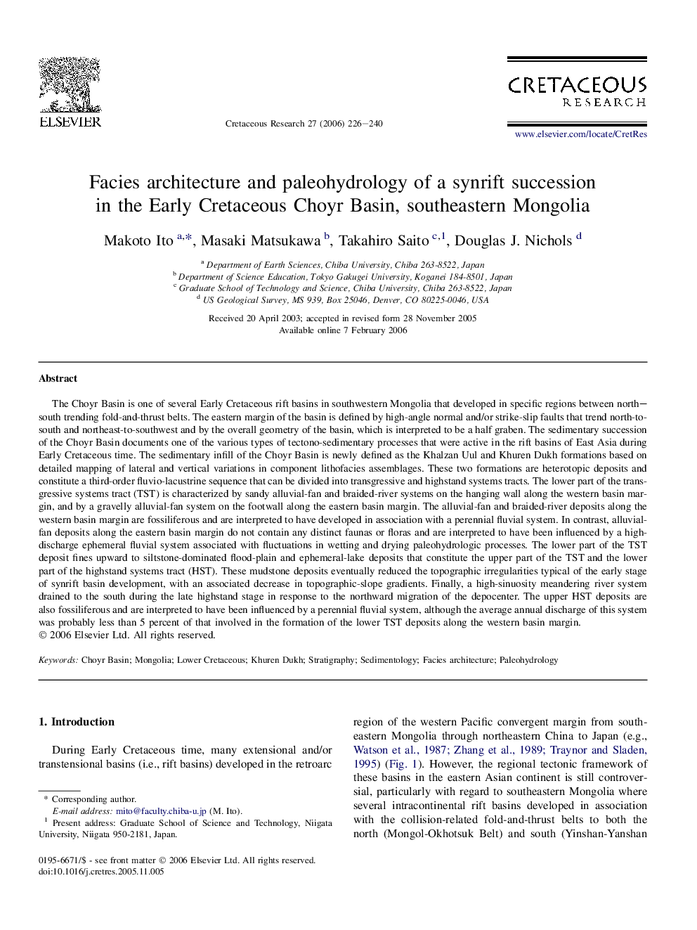 Facies architecture and paleohydrology of a synrift succession in the Early Cretaceous Choyr Basin, southeastern Mongolia