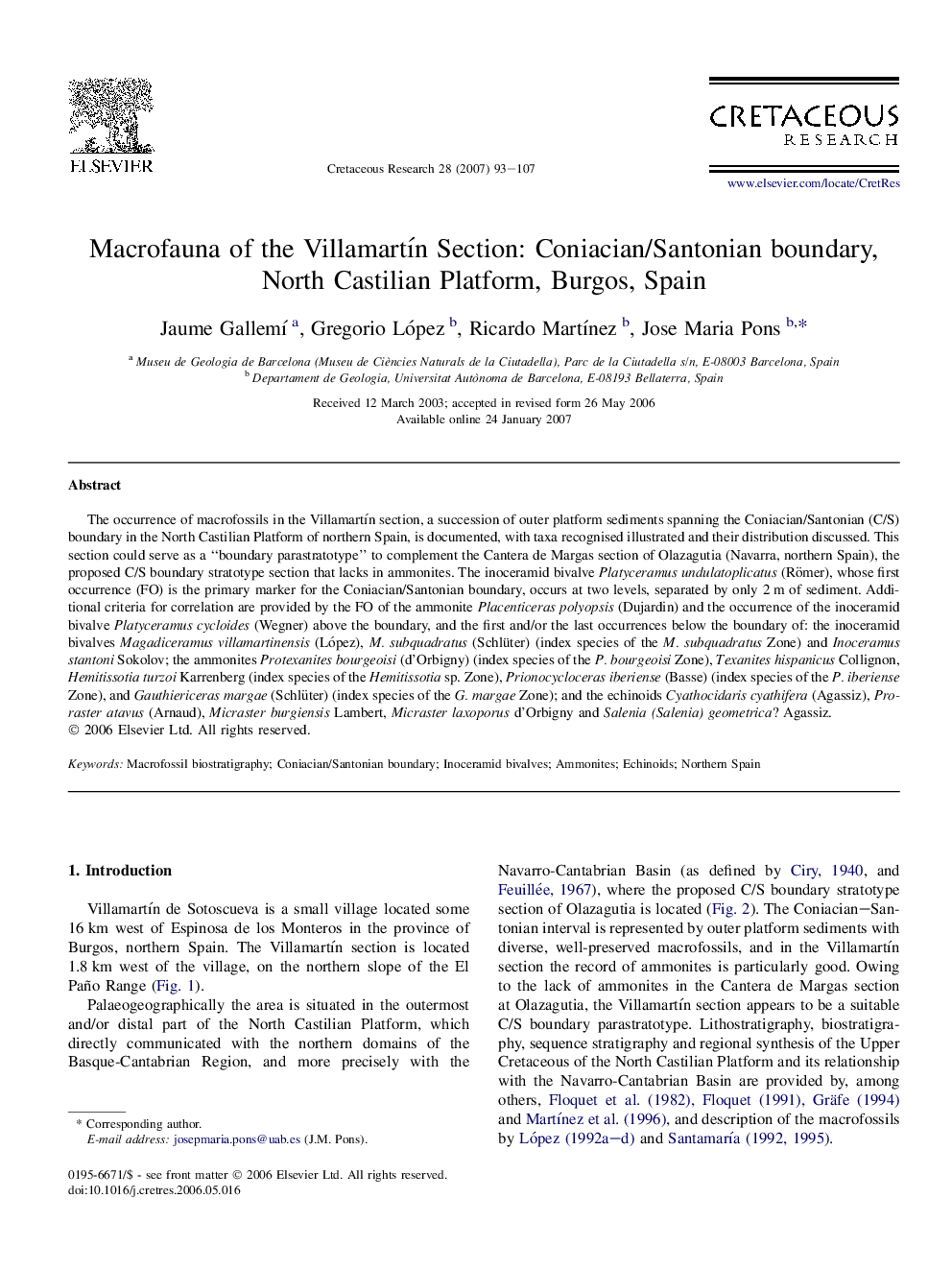 Macrofauna of the Villamartín Section: Coniacian/Santonian boundary, North Castilian Platform, Burgos, Spain