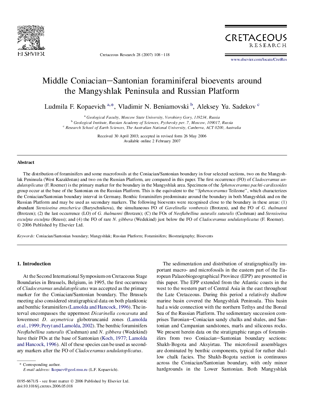 Middle Coniacian–Santonian foraminiferal bioevents around the Mangyshlak Peninsula and Russian Platform