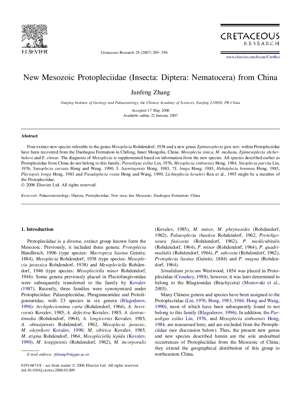 New Mesozoic Protopleciidae (Insecta: Diptera: Nematocera) from China