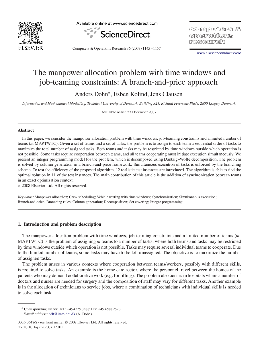 The manpower allocation problem with time windows and job-teaming constraints: A branch-and-price approach