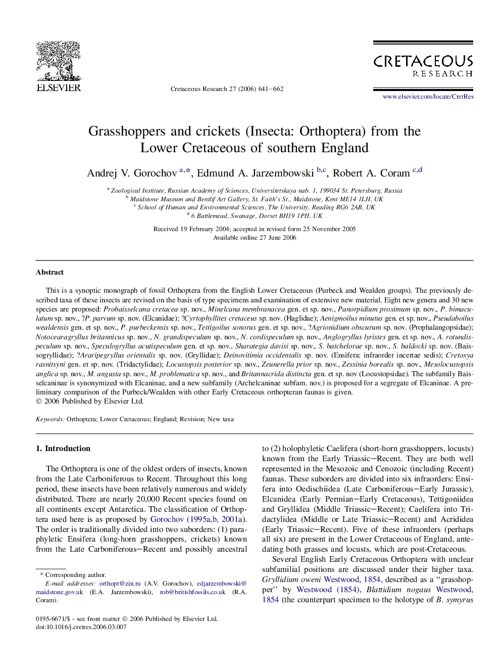 Grasshoppers and crickets (Insecta: Orthoptera) from the Lower Cretaceous of southern England