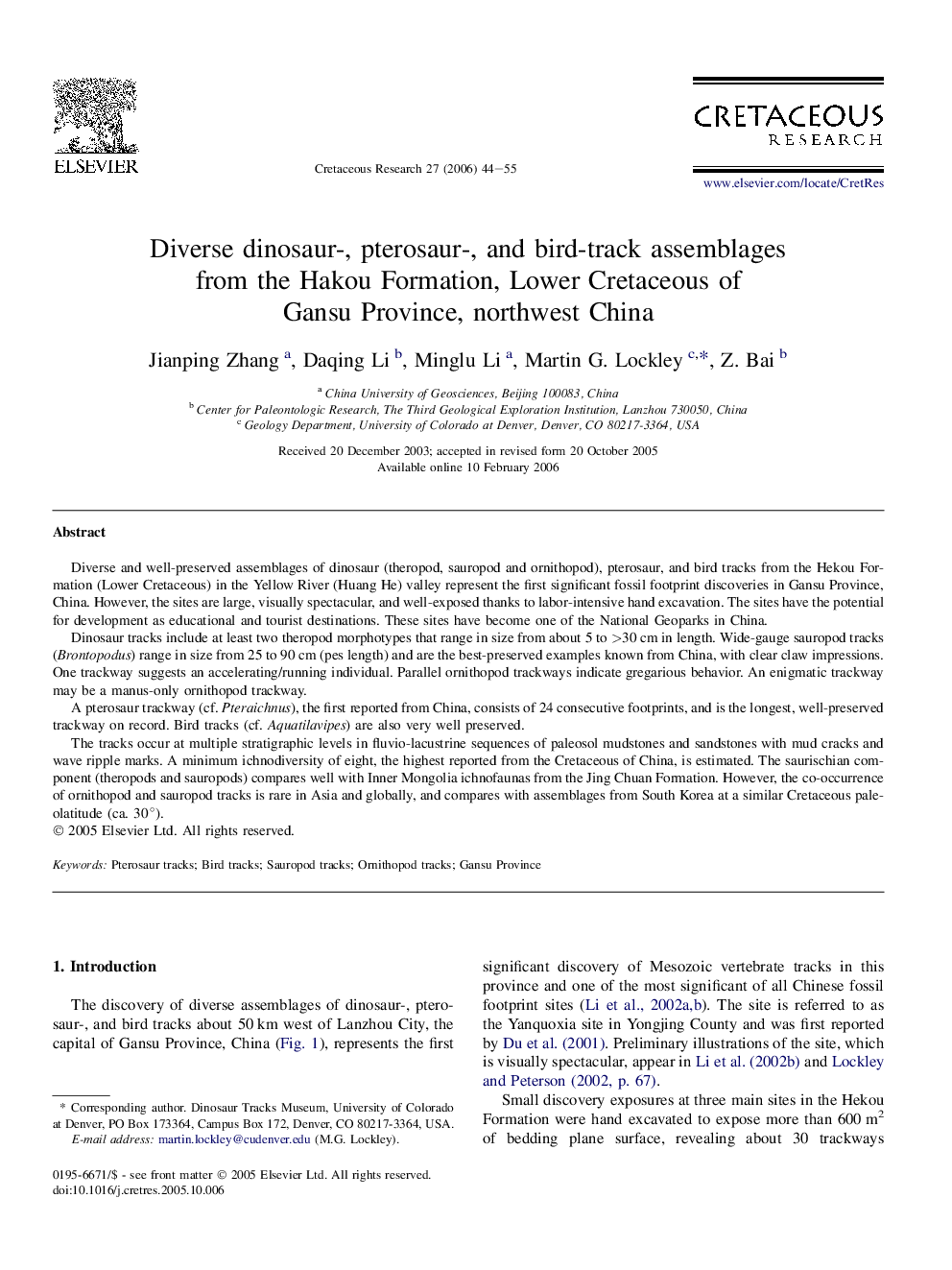 Diverse dinosaur-, pterosaur-, and bird-track assemblages from the Hakou Formation, Lower Cretaceous of Gansu Province, northwest China