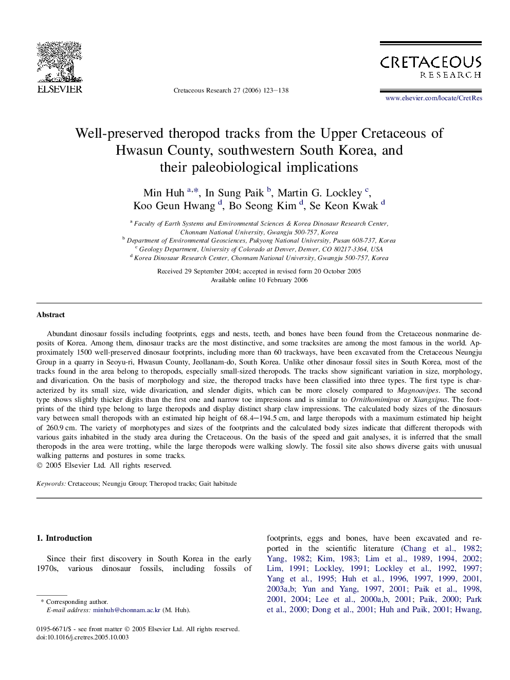 Well-preserved theropod tracks from the Upper Cretaceous of Hwasun County, southwestern South Korea, and their paleobiological implications