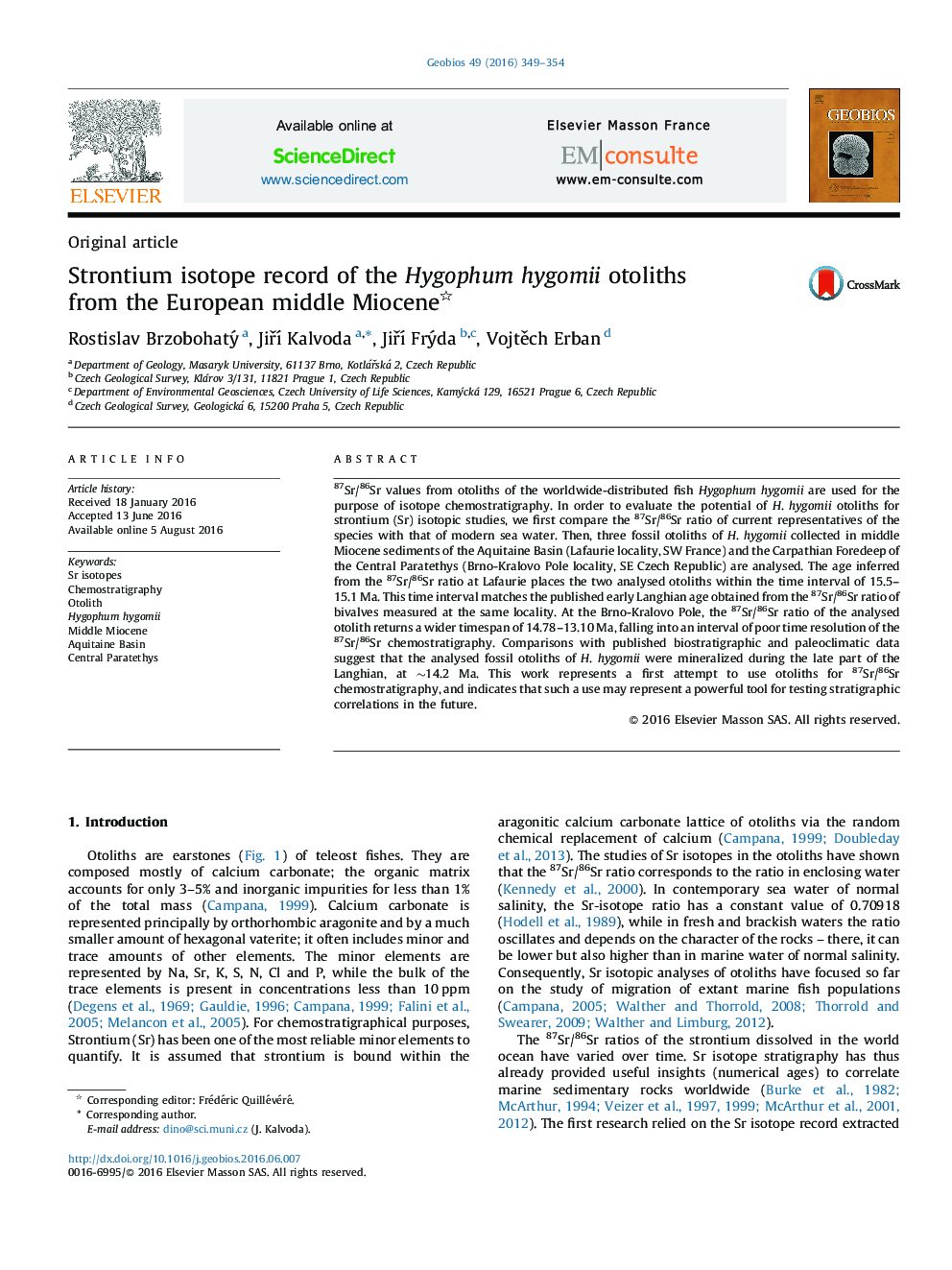 رکورد ایزوتوپ استرونتیوم از Otoliths Hygophum hygomii از میوسن میانه اروپا