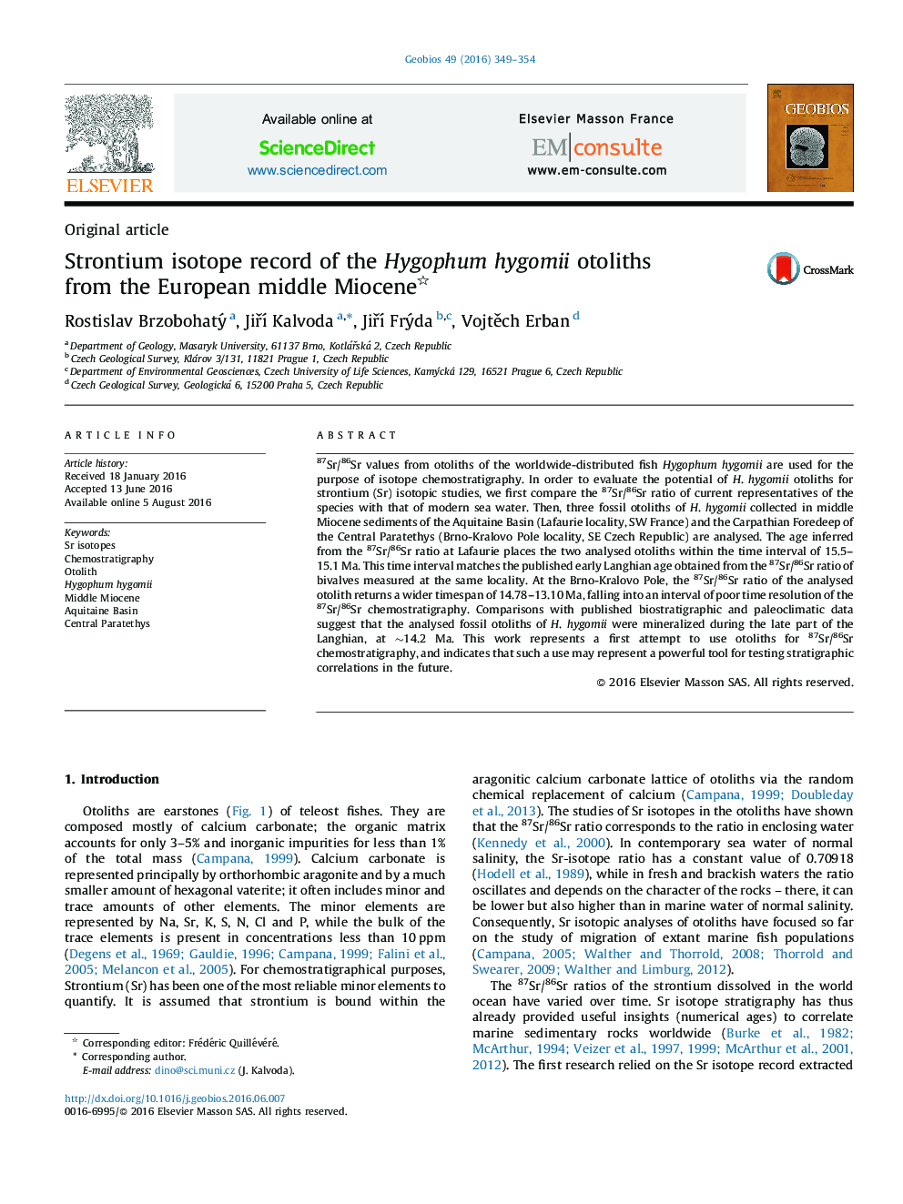 Strontium isotope record of the Hygophum hygomii otoliths from the European middle Miocene 