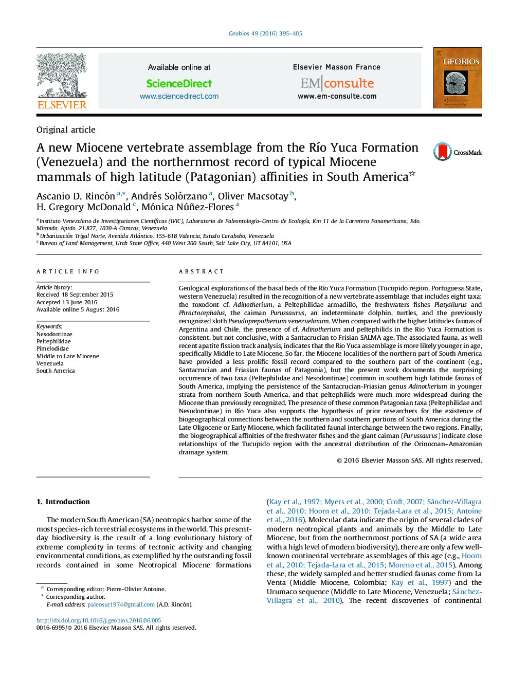 A new Miocene vertebrate assemblage from the Río Yuca Formation (Venezuela) and the northernmost record of typical Miocene mammals of high latitude (Patagonian) affinities in South America 