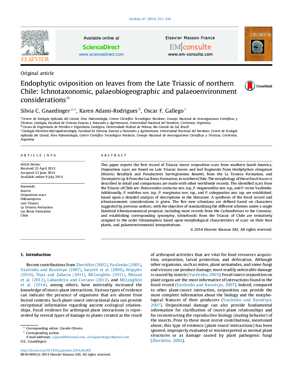 Endophytic oviposition on leaves from the Late Triassic of northern Chile: Ichnotaxonomic, palaeobiogeographic and palaeoenvironment considerations 