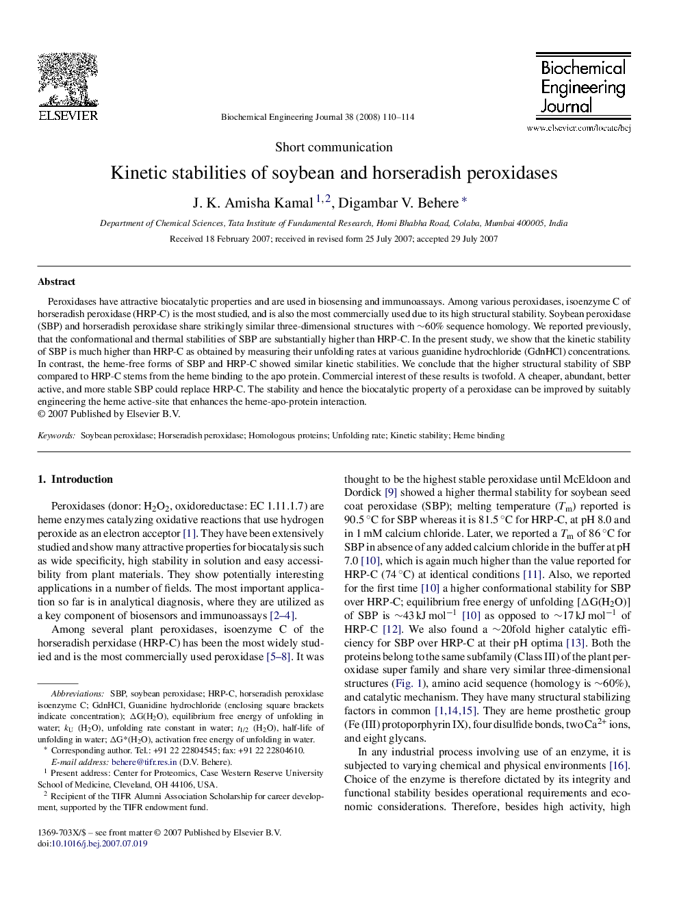 Kinetic stabilities of soybean and horseradish peroxidases