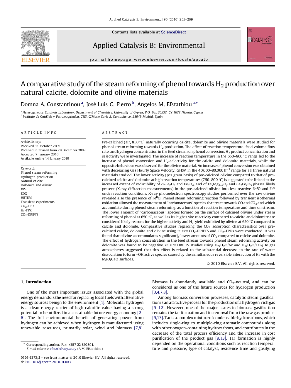 A comparative study of the steam reforming of phenol towards H2 production over natural calcite, dolomite and olivine materials