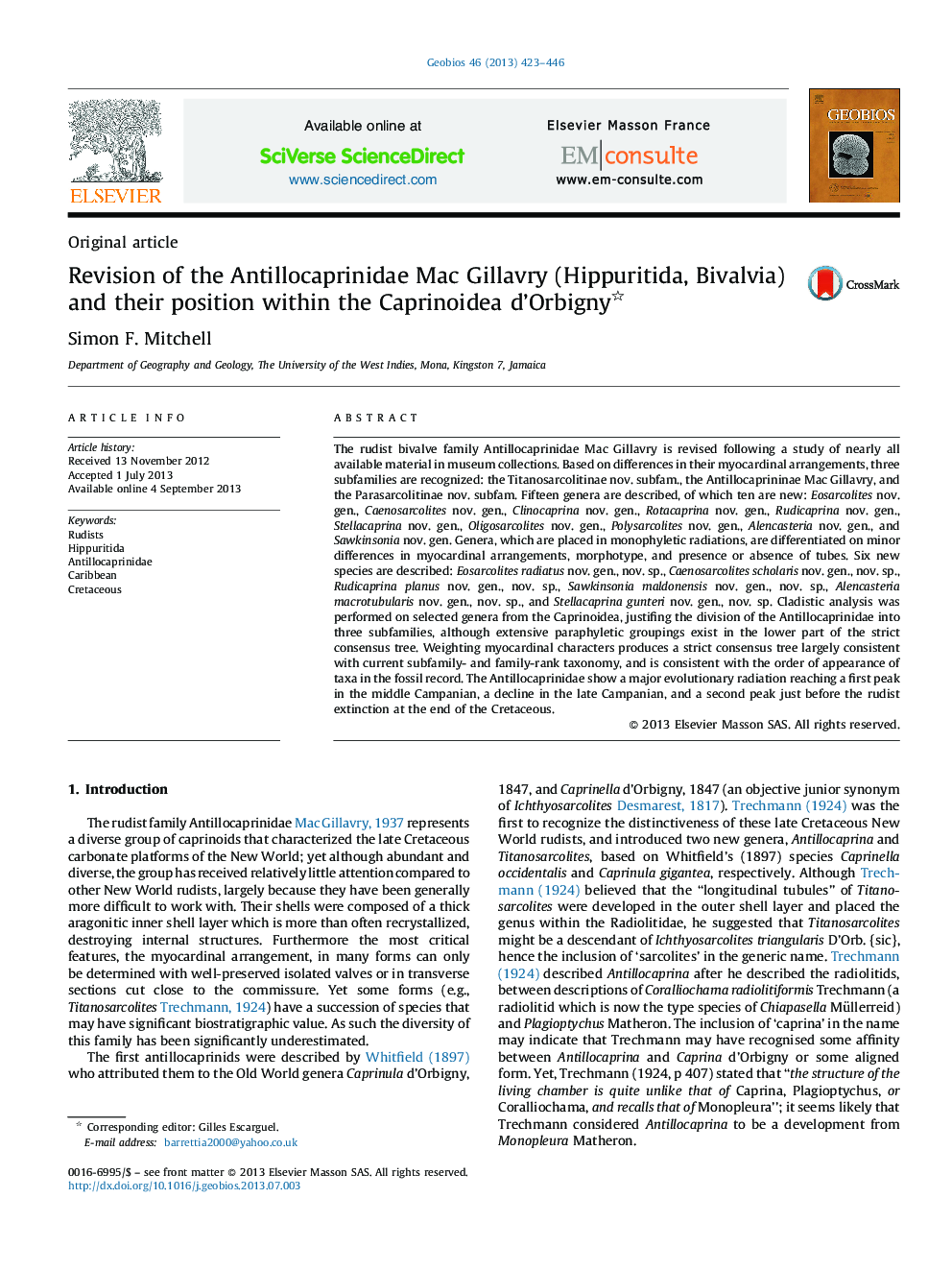 Revision of the Antillocaprinidae Mac Gillavry (Hippuritida, Bivalvia) and their position within the Caprinoidea d’Orbigny 