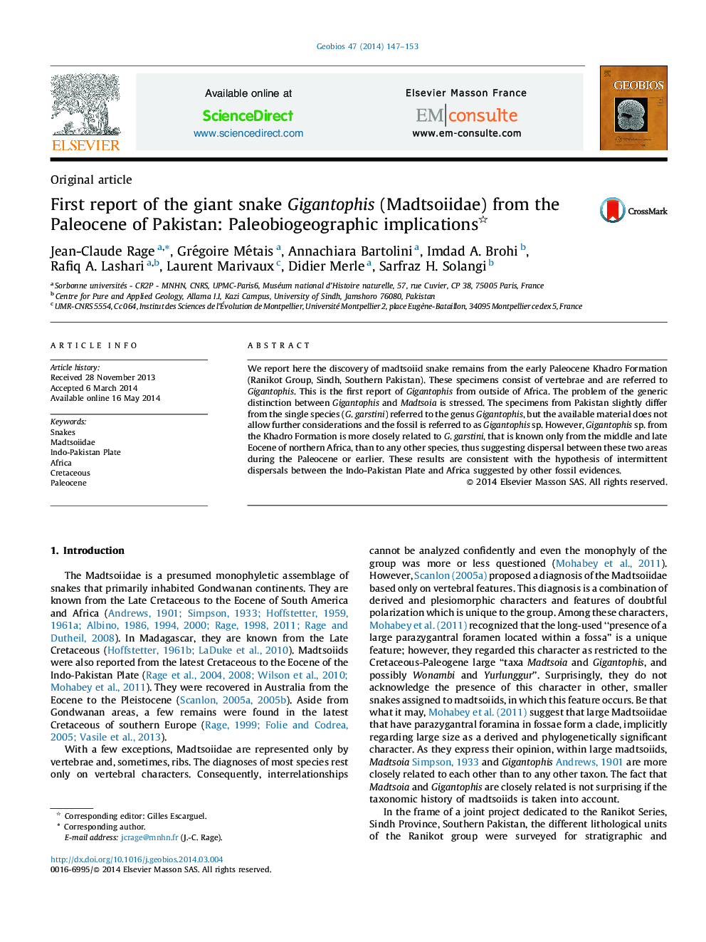 First report of the giant snake Gigantophis (Madtsoiidae) from the Paleocene of Pakistan: Paleobiogeographic implications